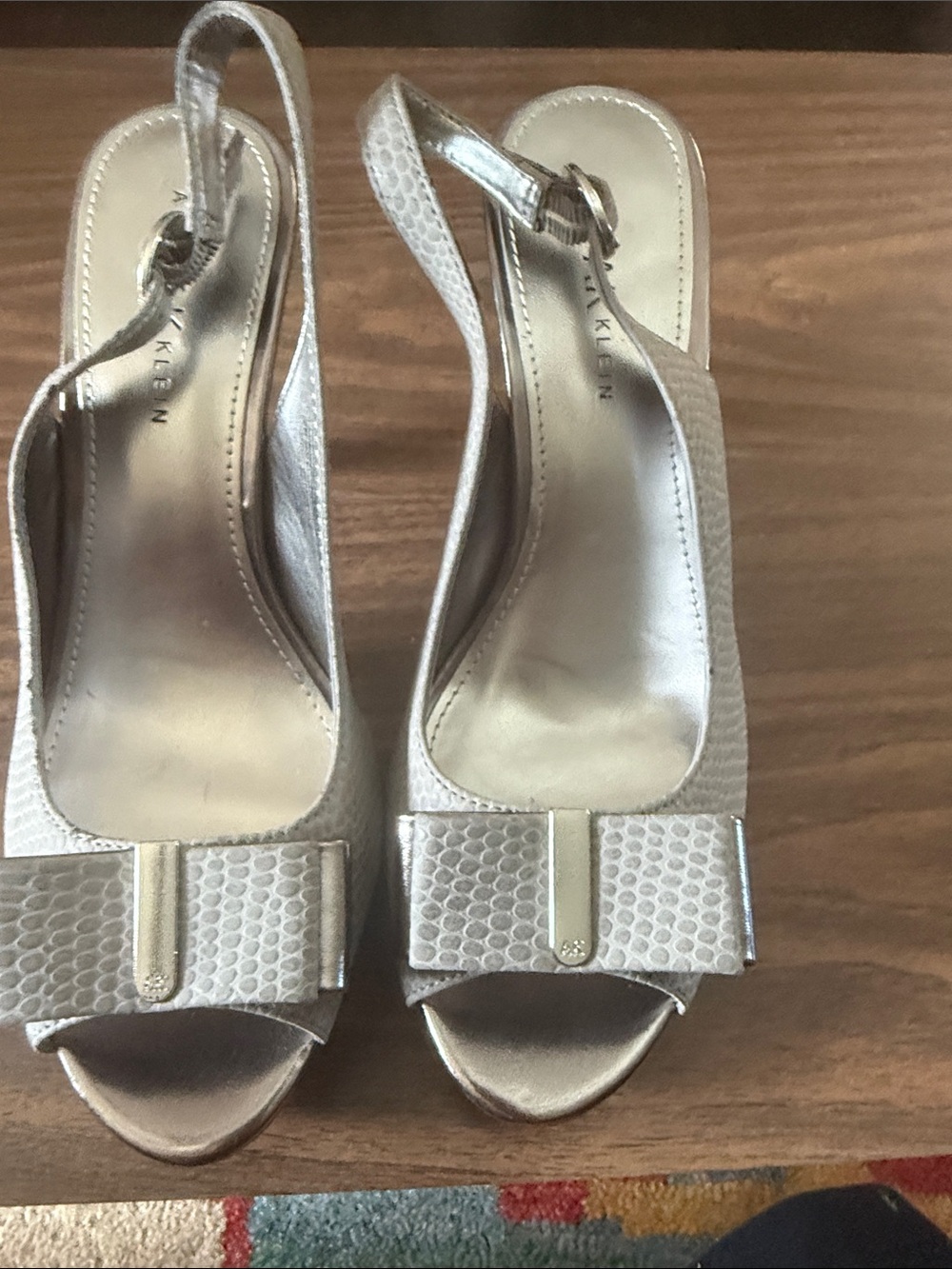 Anne Klein Metallic Silver Peep-Toe Slingback Heels with Bow Accent